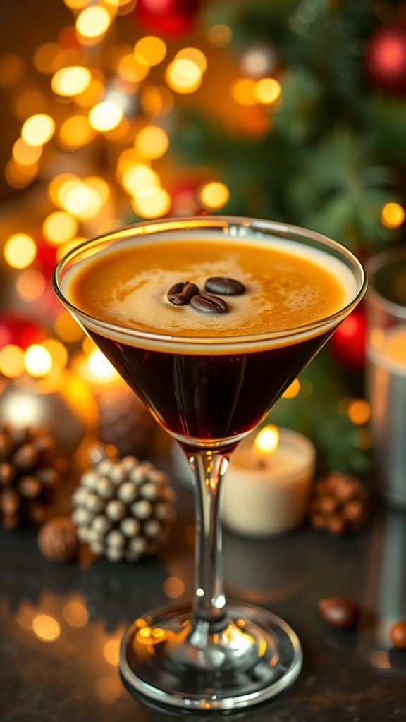 A festive espresso martini in a glass, garnished with coffee beans, set against a holiday-themed backdrop.